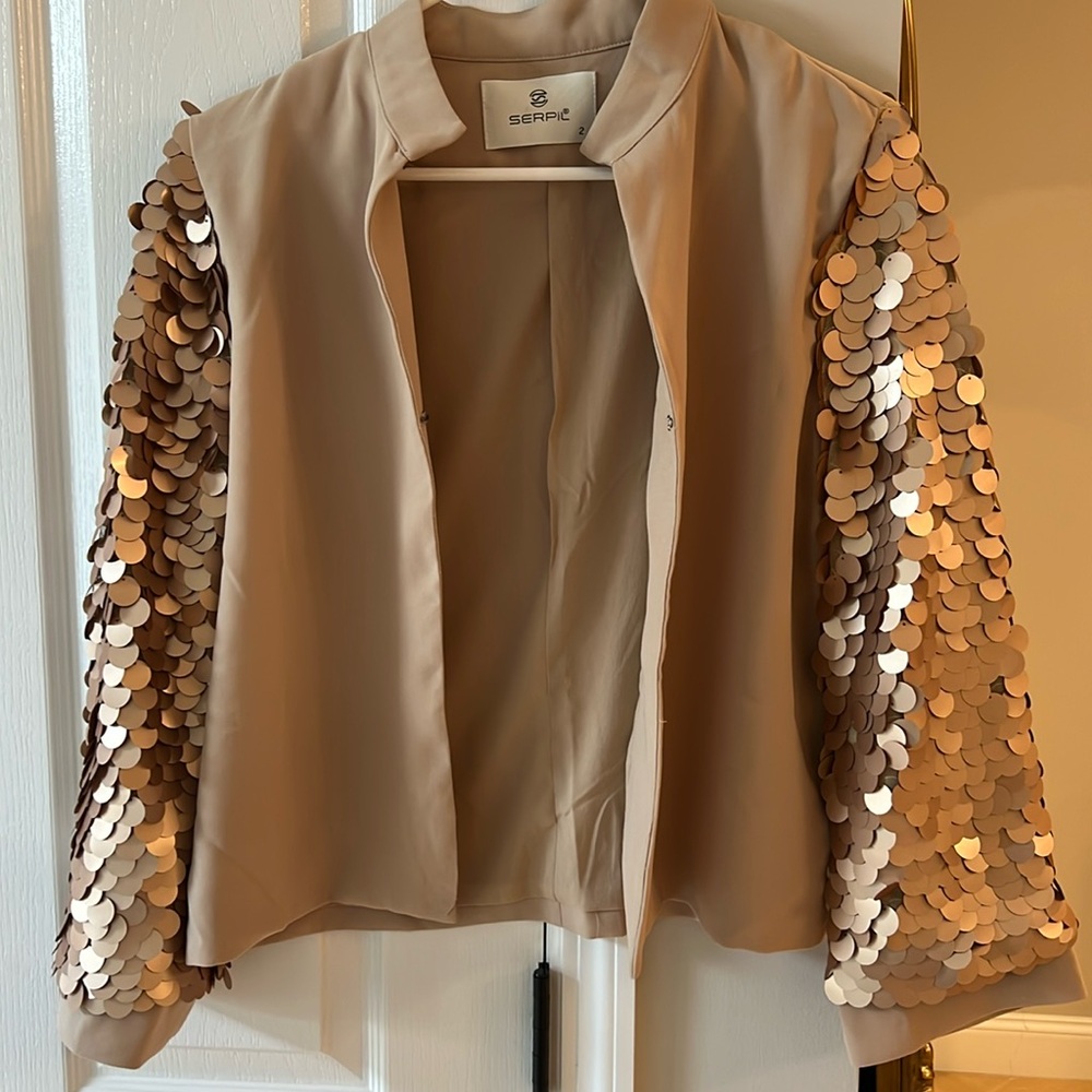 Serpil collarless short blazer with sequin sleeves size 2 never worn